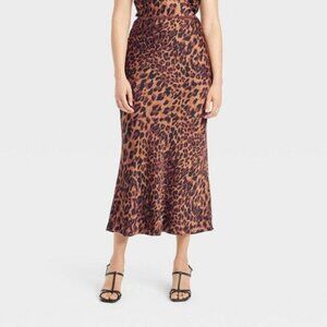 A New Day Women’s Leopard Print Trendy Elastic Waistband Maxi Slip Skirt Size XS